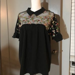 Floral mesh black blouse